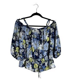 BCX Blue Floral Off Shoulder 3/4 Sleeve Ruffle Hem Top L Fairy Coquette Cottage
